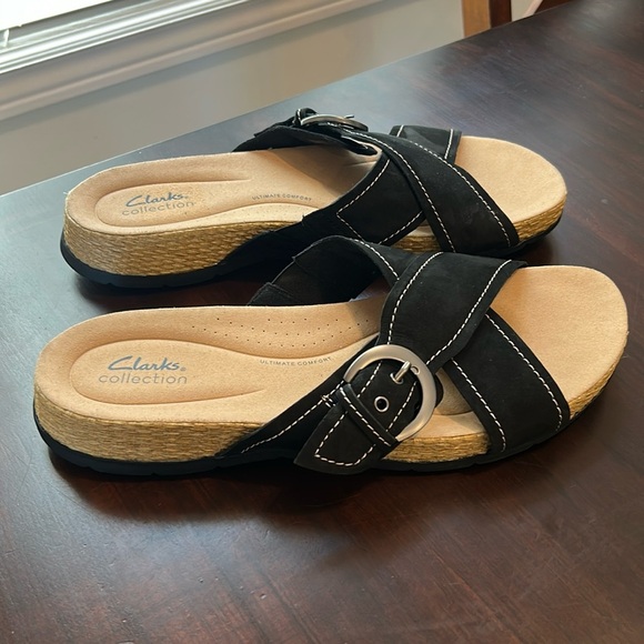 Clarks Collection Leather Criss Cross Slide Sandals ‘Reileigh May’ Black Size 12 - Picture 15 of 15